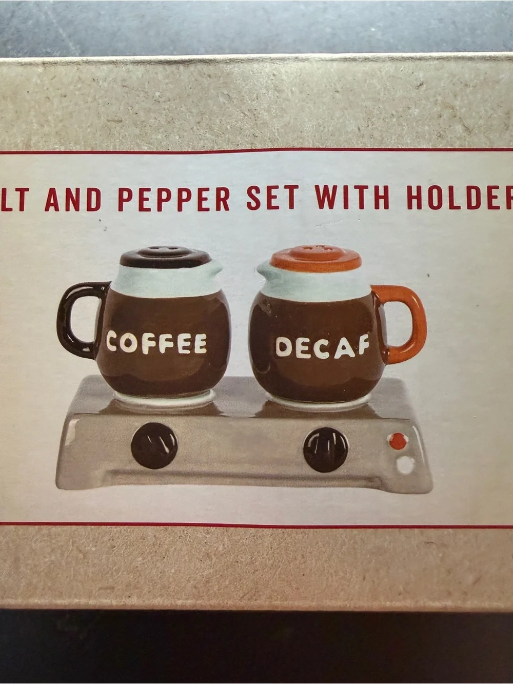 New Crate & Barrel Salt & Pepper Shaker Set Coffee Pot & Decaf with Stand Retro